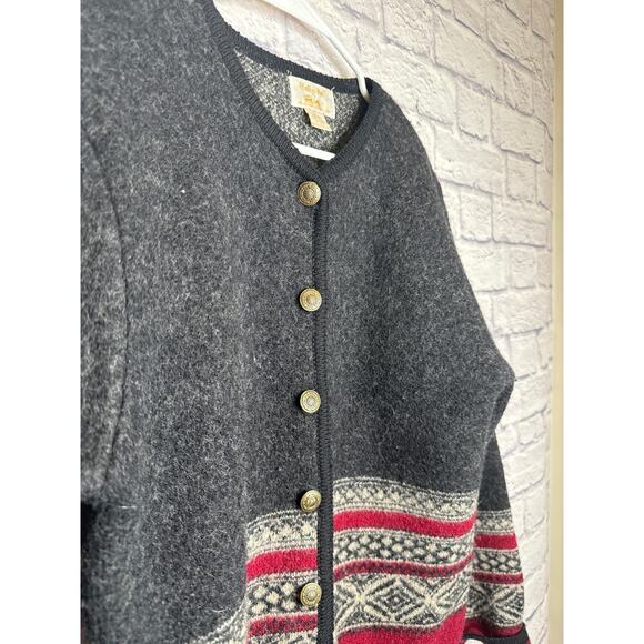 Tally Ho Vintage Nordic 100% Wool Cardigan Gray Black Red White Buttons SMALL - Picture 2 of 4